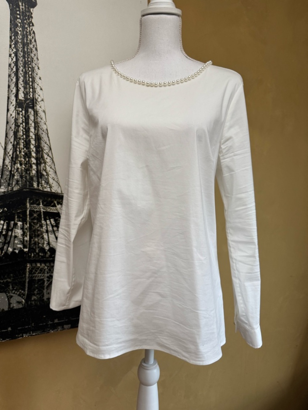 Talbots White Long Sleeve Top with Pearl Trim